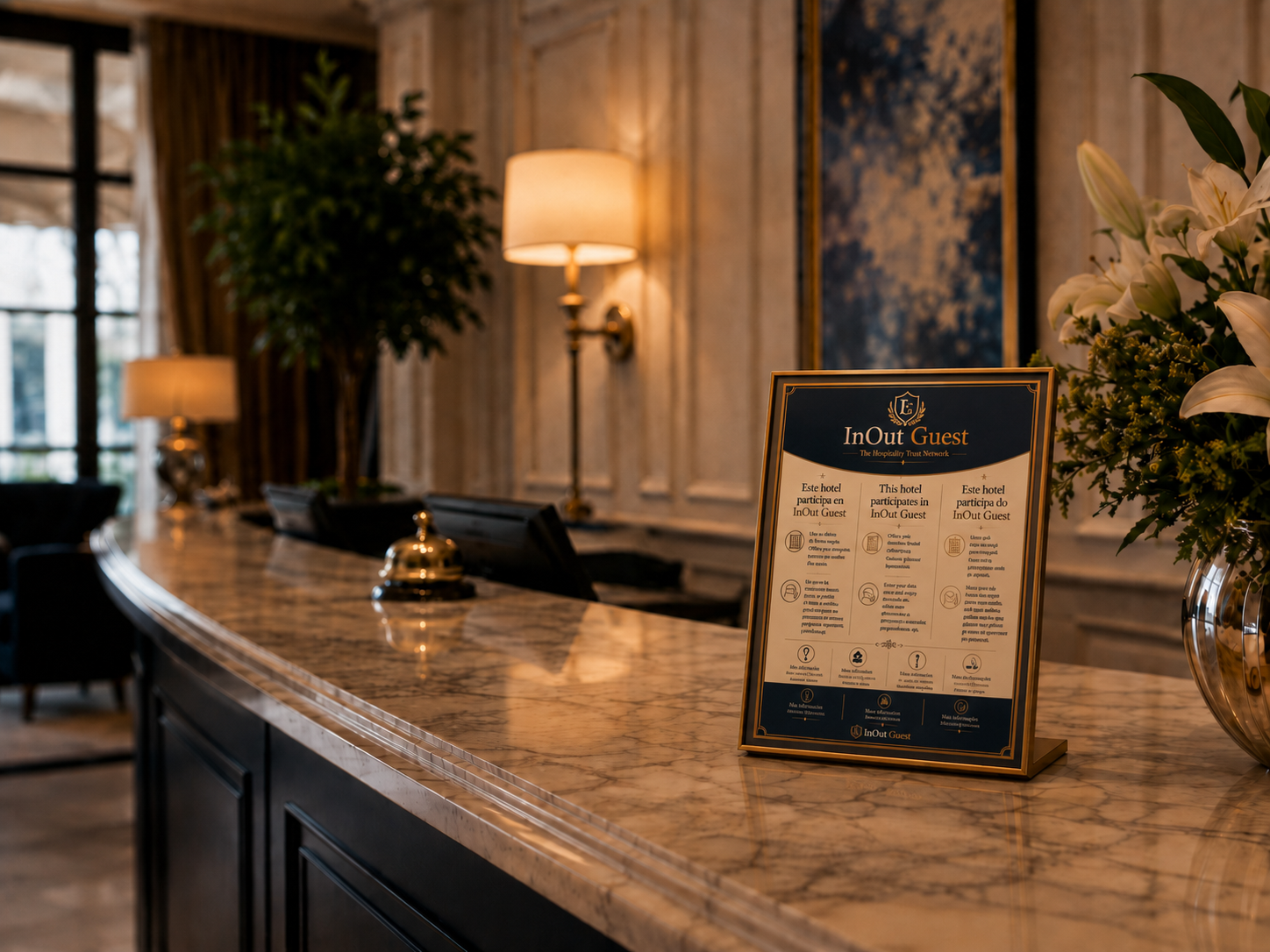 Cartel de InOut Guest exhibido en la recepción de un hotel