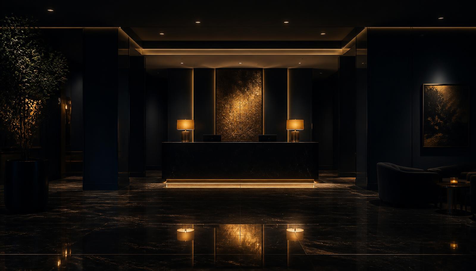 Recepción de hotel iluminada de noche