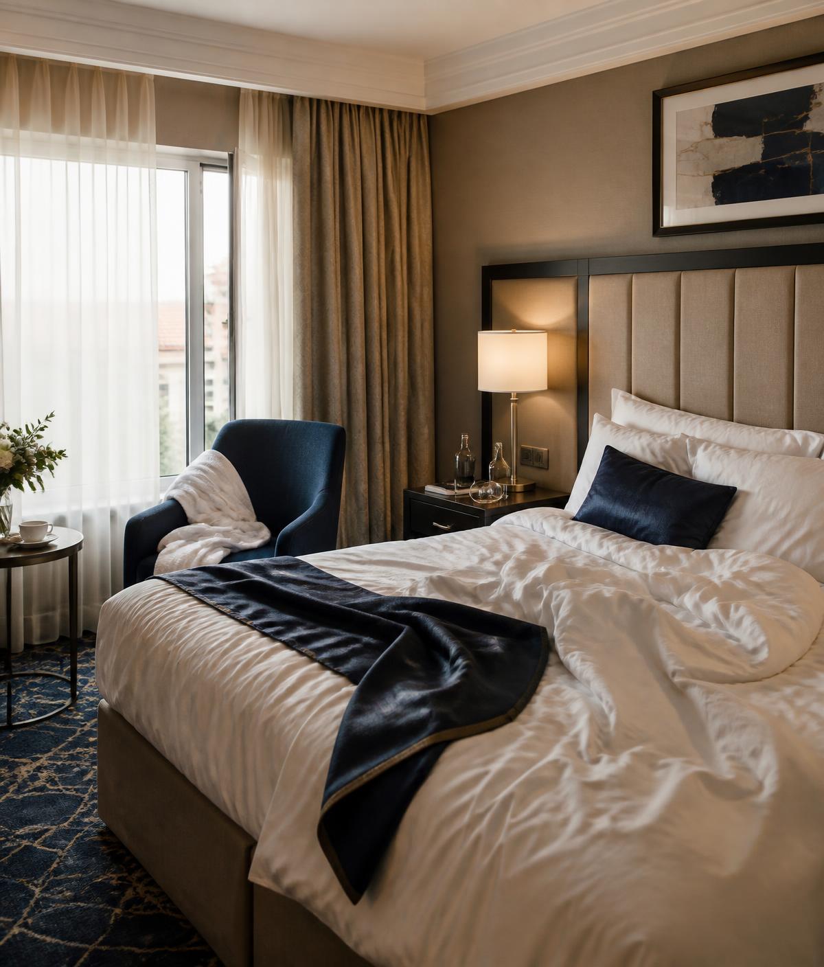 Habitación de hotel desordenada al finalizar una estadía